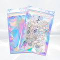 Holographic resealable foil pouch bags, iridescent silver-blue finish, set of two