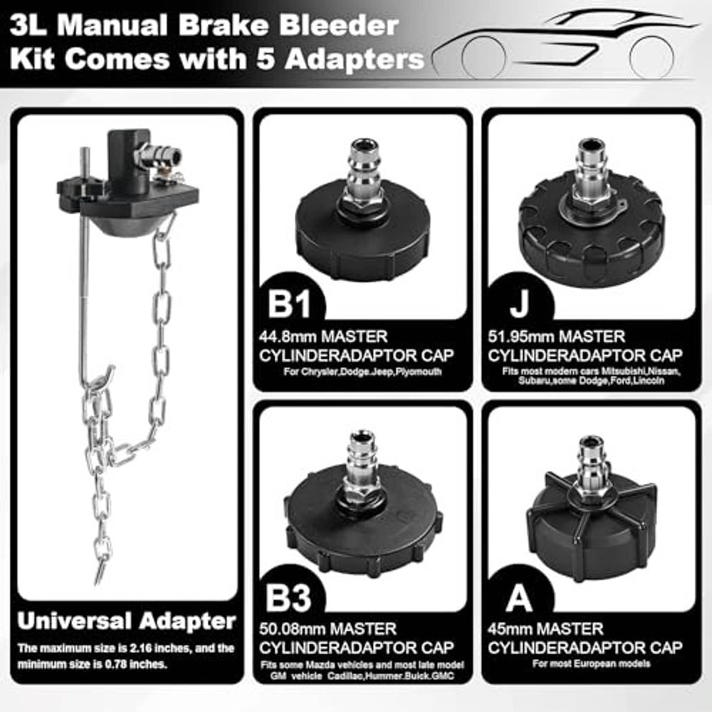 Brake bleeder kit with universal adapter plus five master cylinder adapters and pump