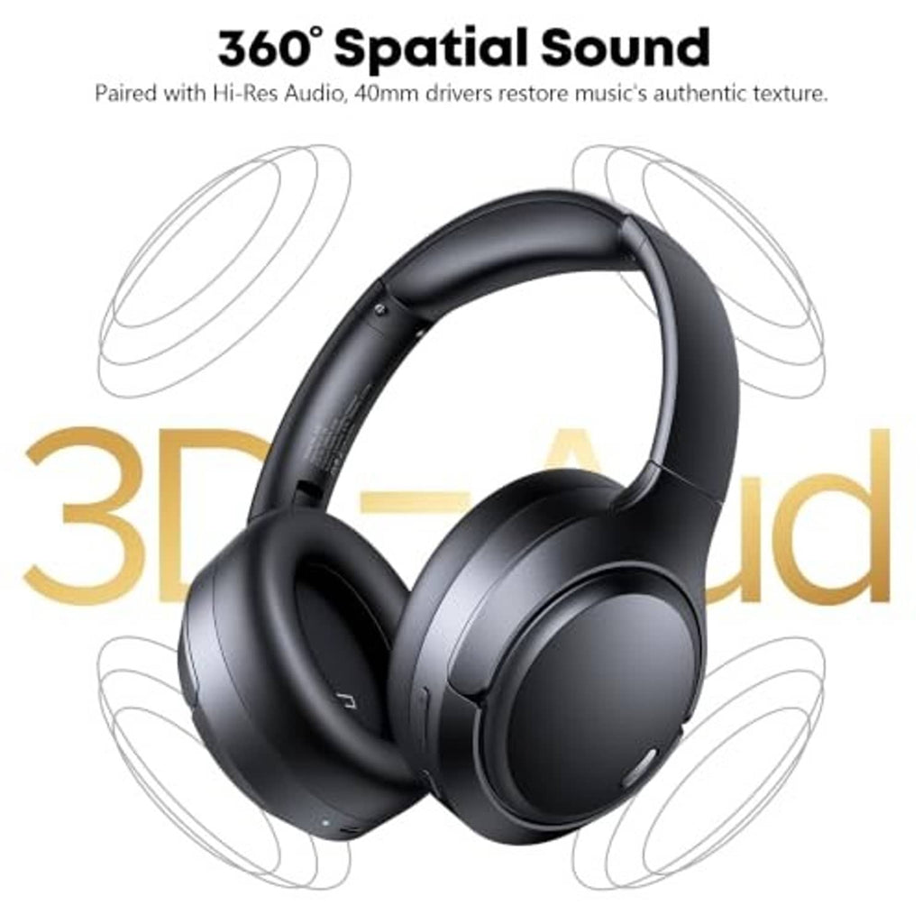 Black over-ear wireless headphones with circular ear cups and control buttons on the side