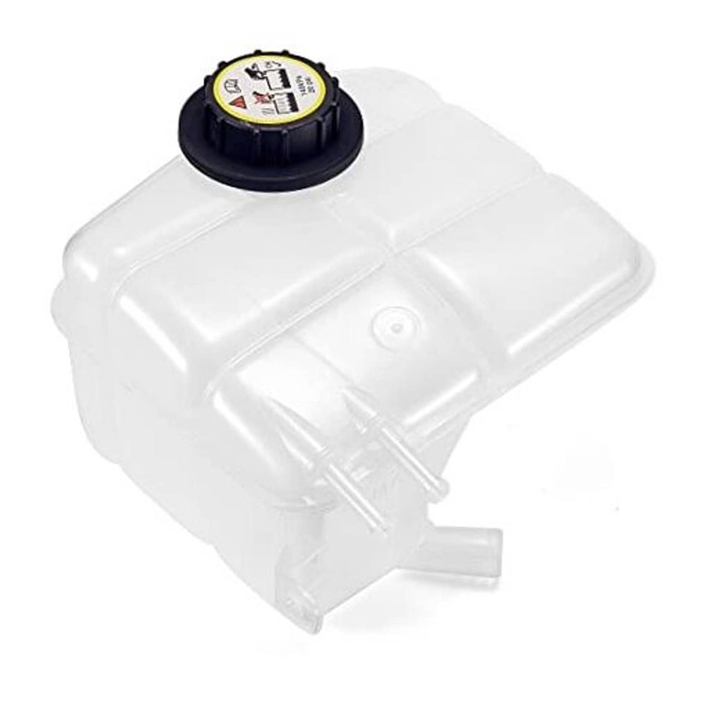 White coolant reservoir tank with black cap, molded channels and outlet nipple