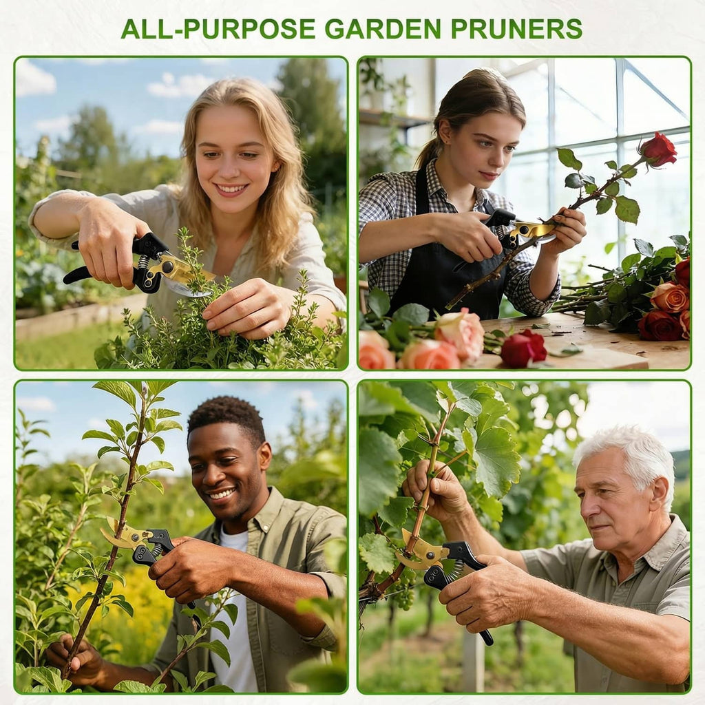 All-purpose garden pruners held by hands, cutting plants with black handles