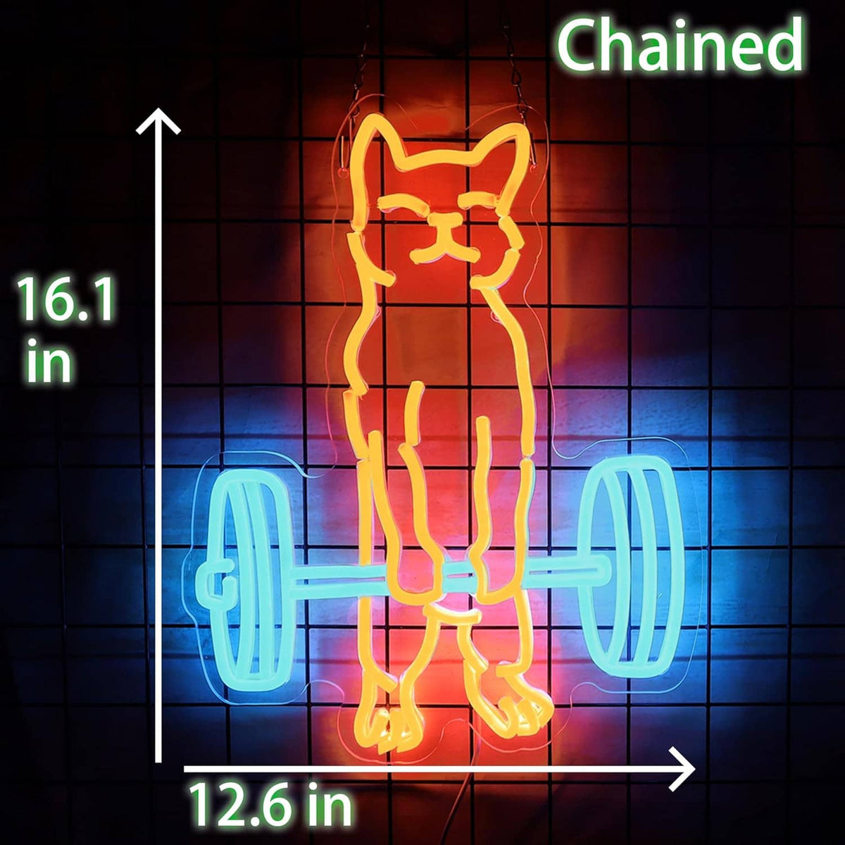 Neon cat lifting weights sign with size guide showing 12.6 in wide and 16.1 in tall