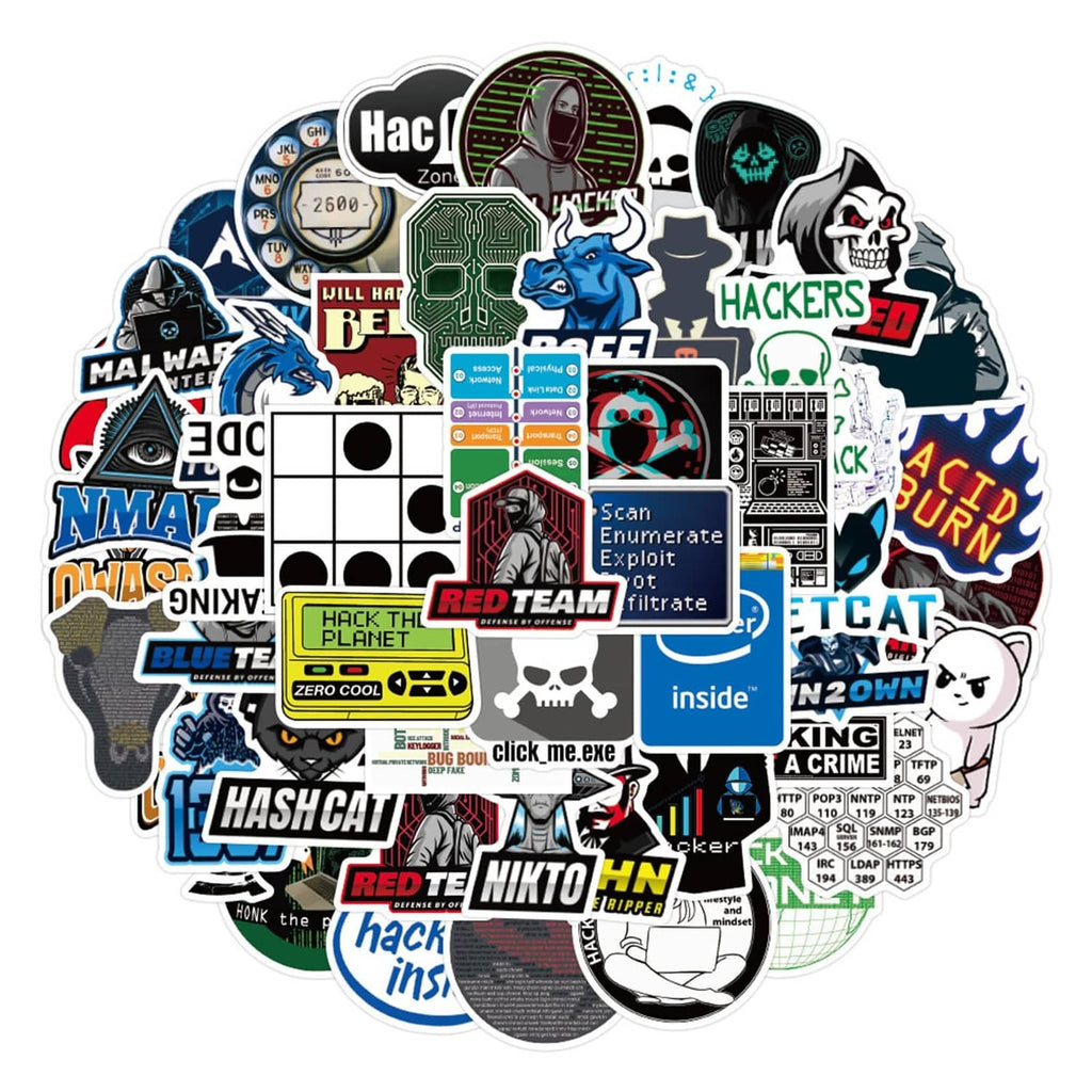 Assorted hacker-themed stickers with colorful icons, skulls, robots, and code art