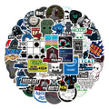 Assorted hacker-themed stickers with colorful icons, skulls, robots, and code art