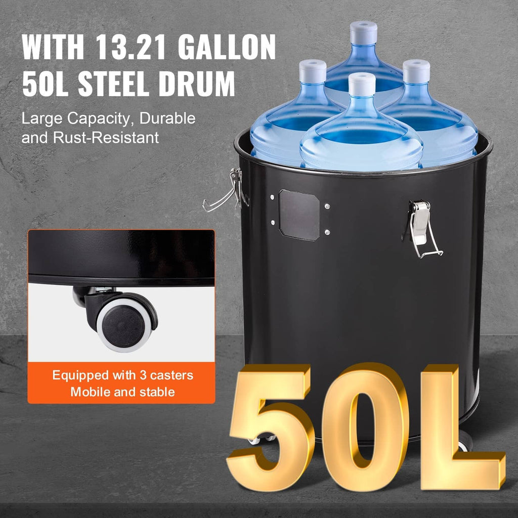 Black 50L steel drum cyclone dust separator with caster wheels and hose connection