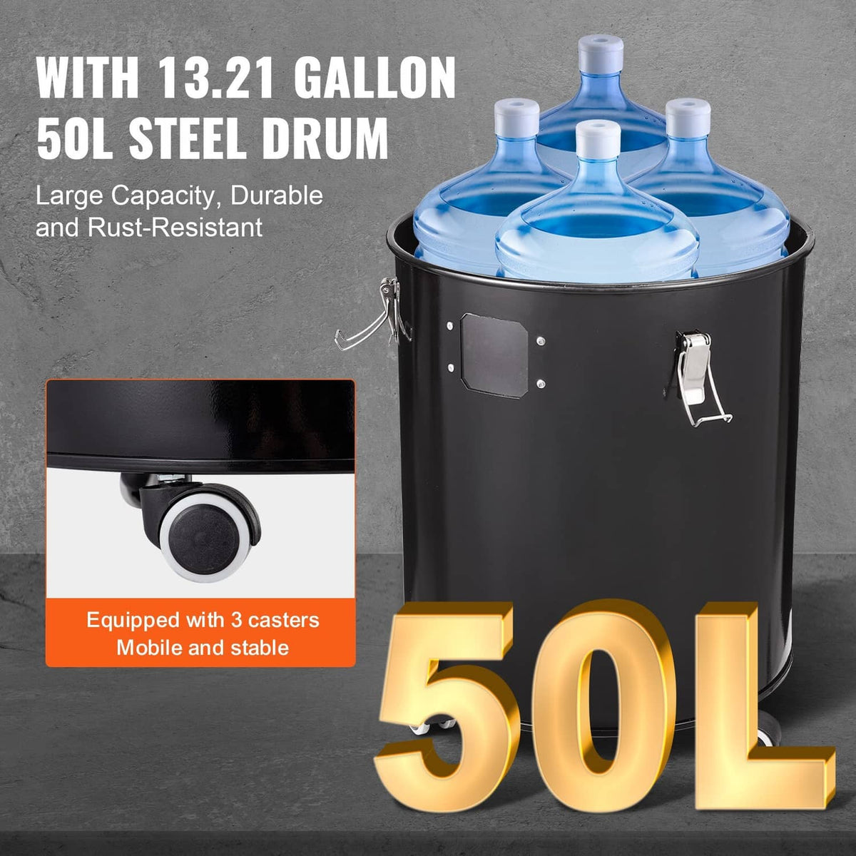 Black 50L steel drum cyclone dust separator with caster wheels and hose connection