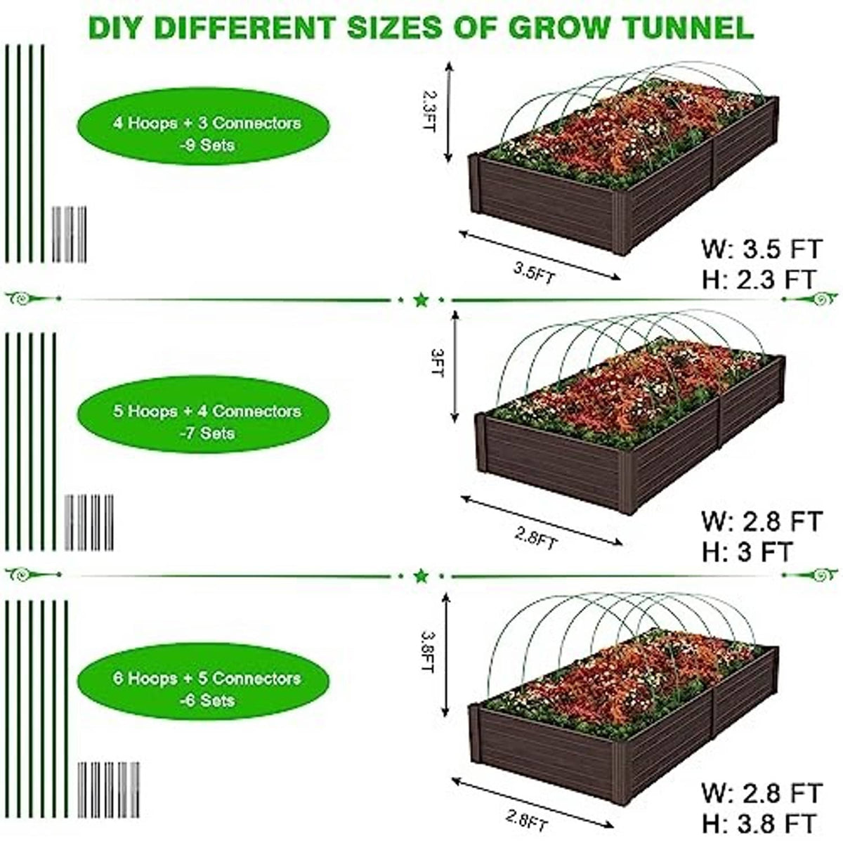 Grow tunnel hoop set size guide with multiple arched frames for raised beds