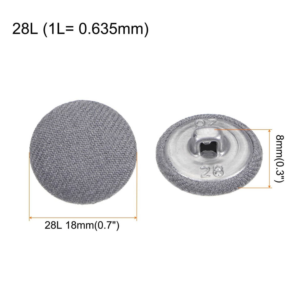 Grey cloth-covered buttons, 18mm wide; metal shank underside shown