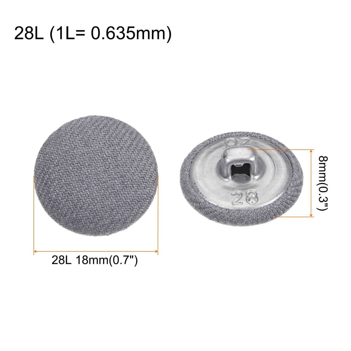Grey cloth-covered buttons, 18mm wide; metal shank underside shown