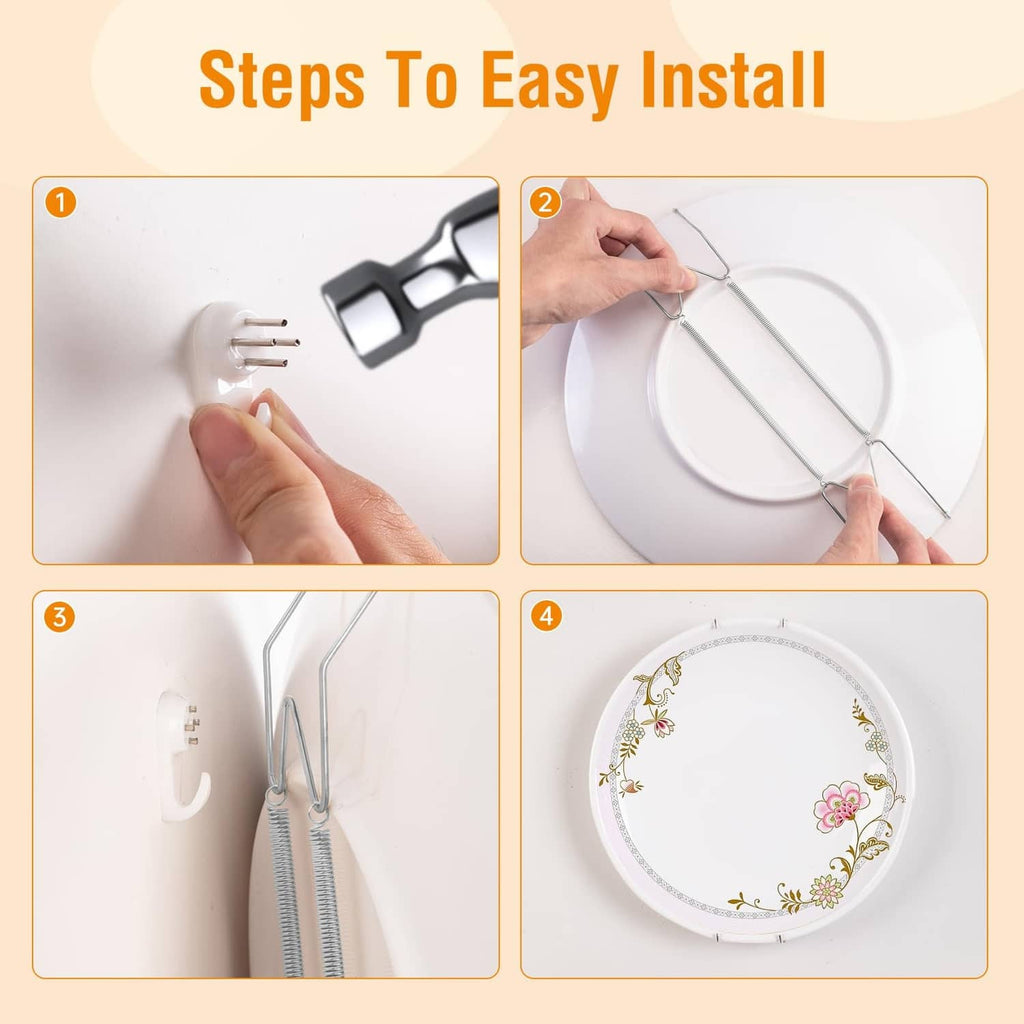 Plate wall hanger installation showing spring hooks and wall-mounted support