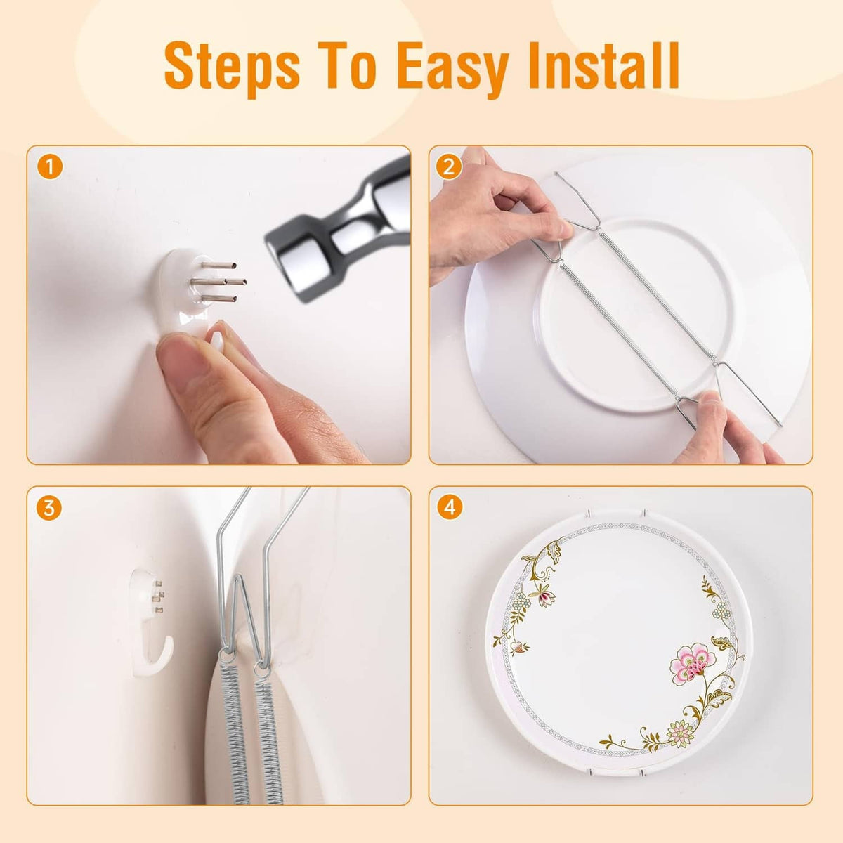 Plate wall hanger installation showing spring hooks and wall-mounted support