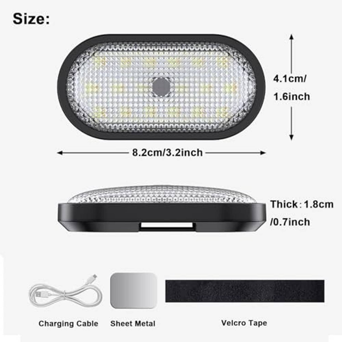 Oval LED dome light size diagram with charging cable and mounting tape