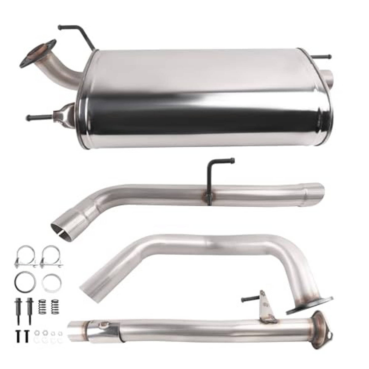 Stainless steel exhaust muffler with resonator pipes and clamps, replacement kit set