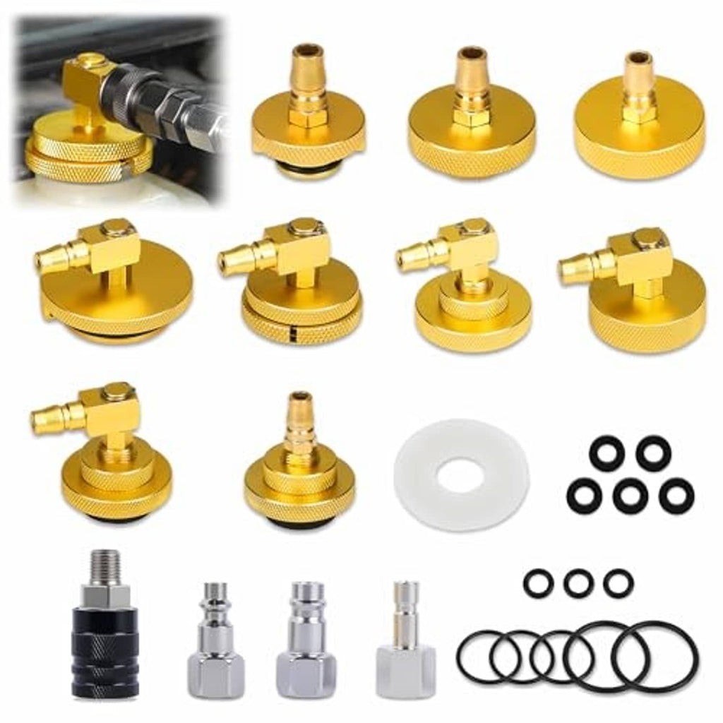 Gold brake bleeder adapter set with black quick connector, multiple seals, and threaded fittings