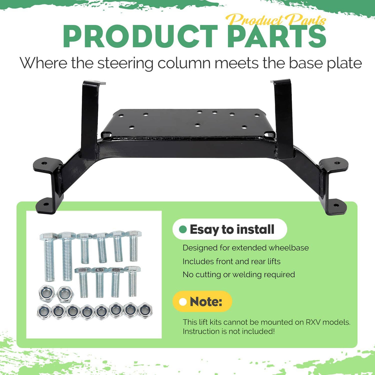 Base plate and lift bracket kit with bolts, washers, and mounting hardware
