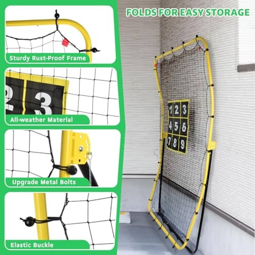Foldable baseball rebounder net with yellow frame and black number target panel