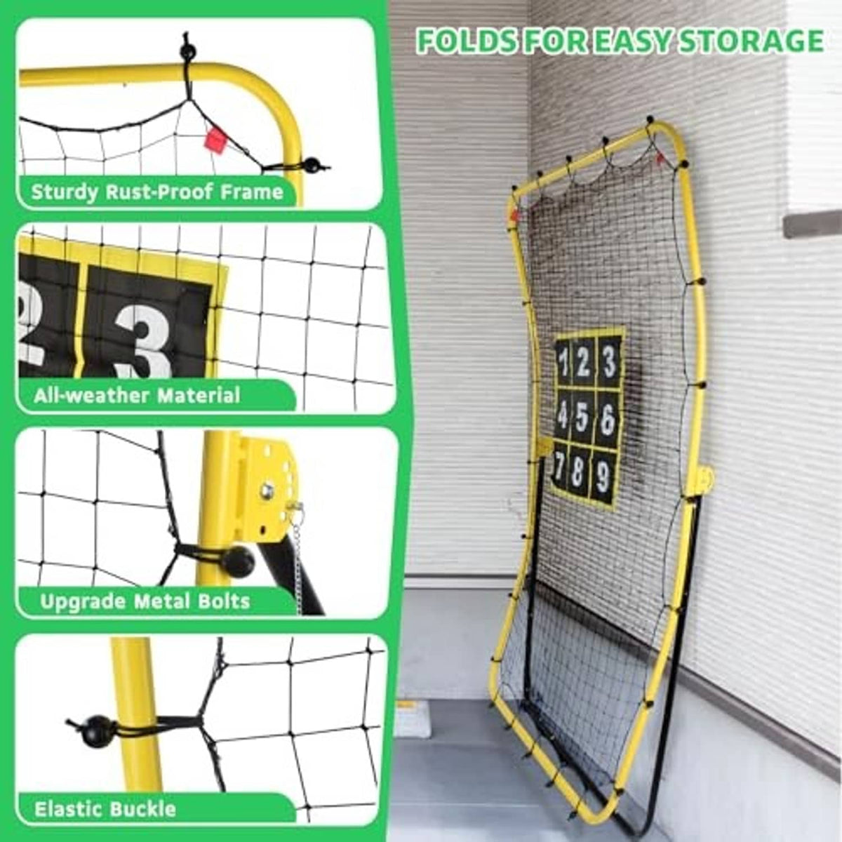 Foldable baseball rebounder net with yellow frame and black number target panel