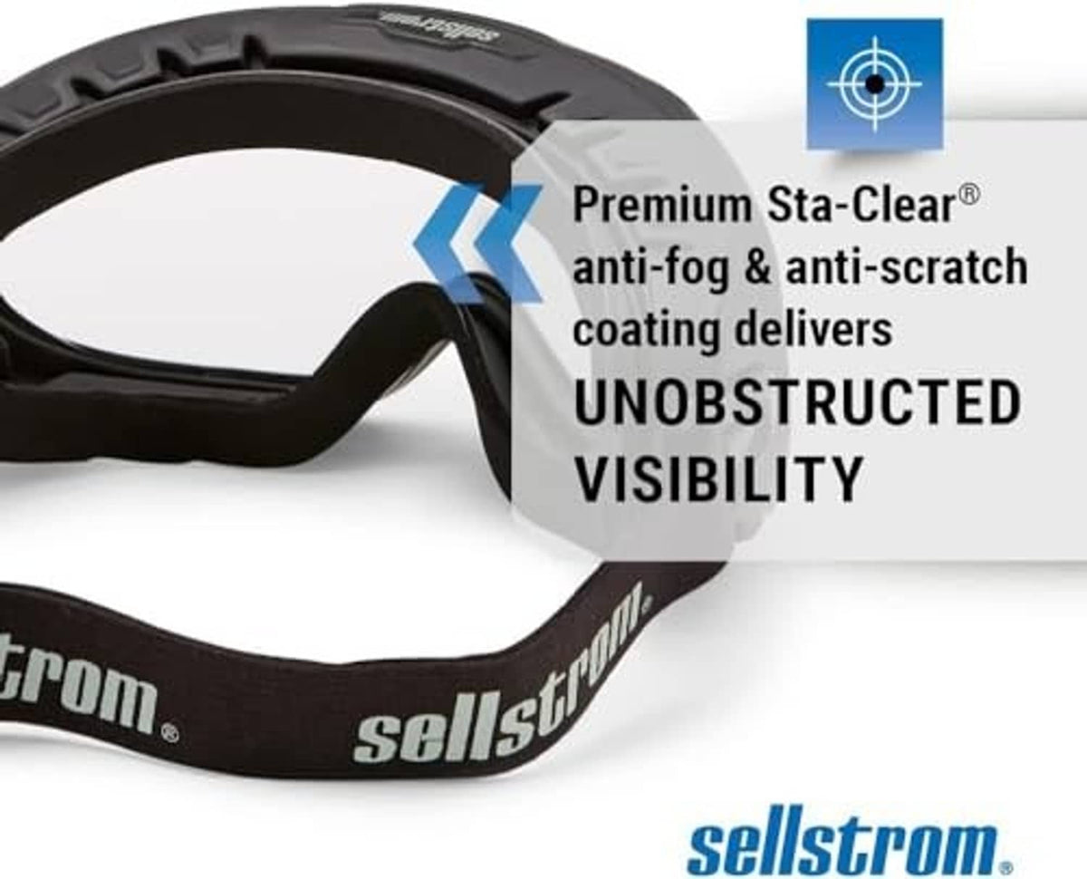 Black safety goggles with clear anti-fog lens and scratch-resistant coating.
