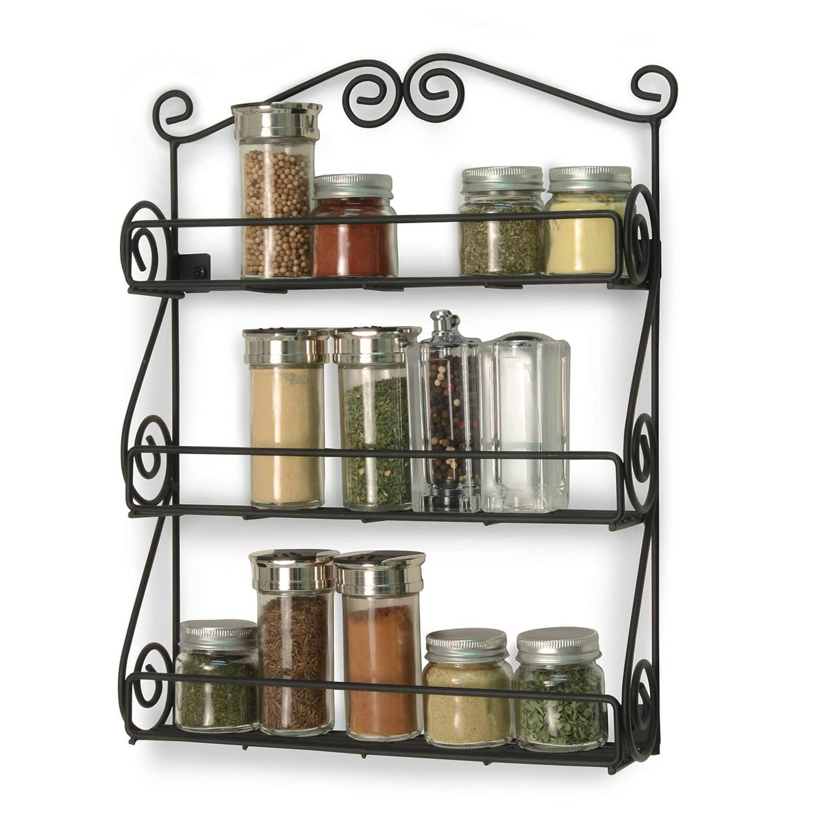 Black wall spice rack with jars on three wire shelves and front glassy jar accents.