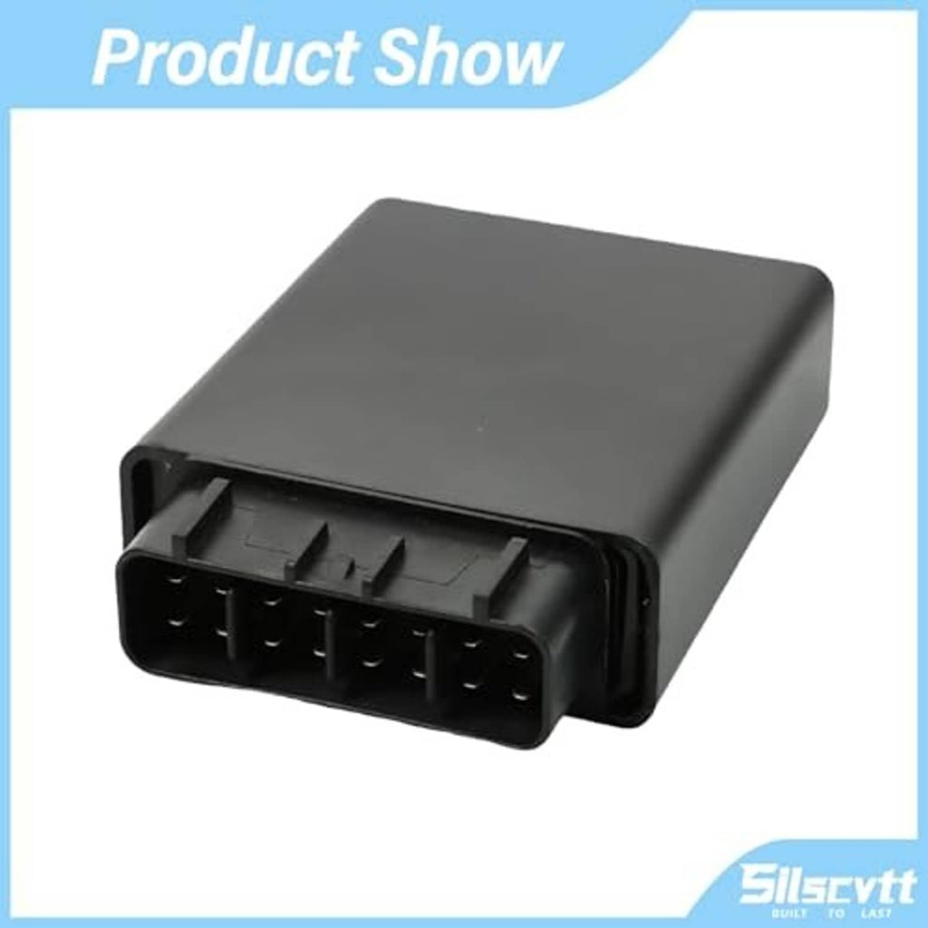 Black CDI ignition control box with front multi-pin connector opening, close angle.