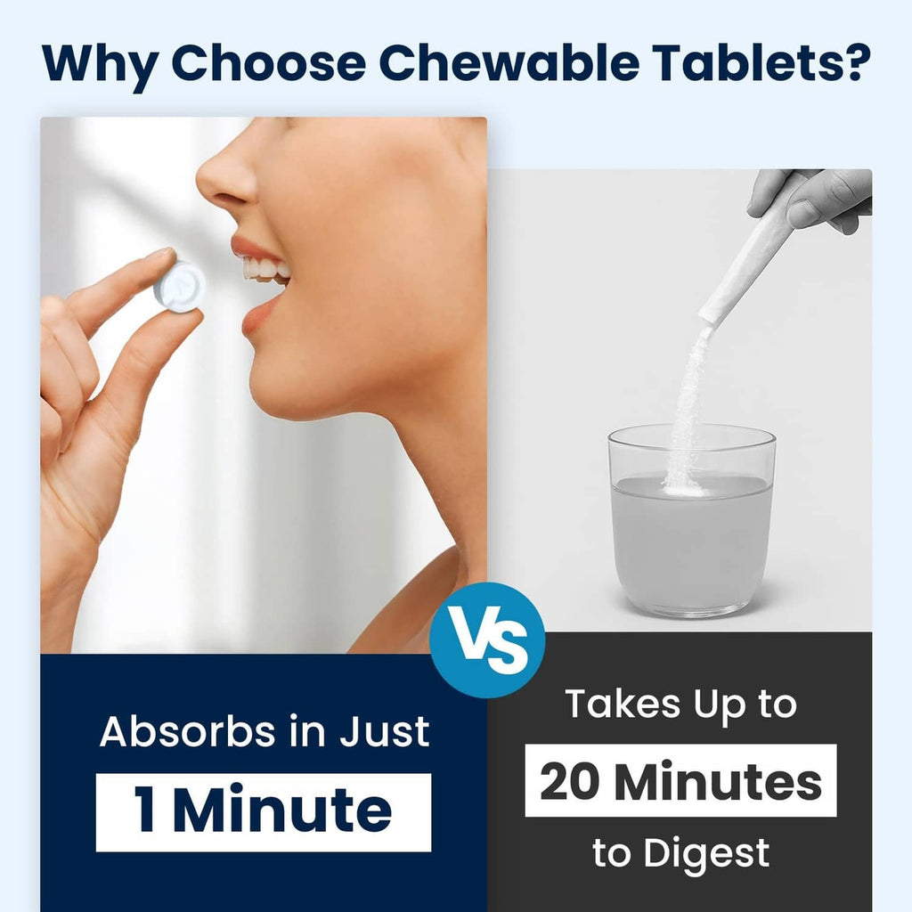 Chewable electrolyte tablet near mouth, no water needed concept with tablet pack