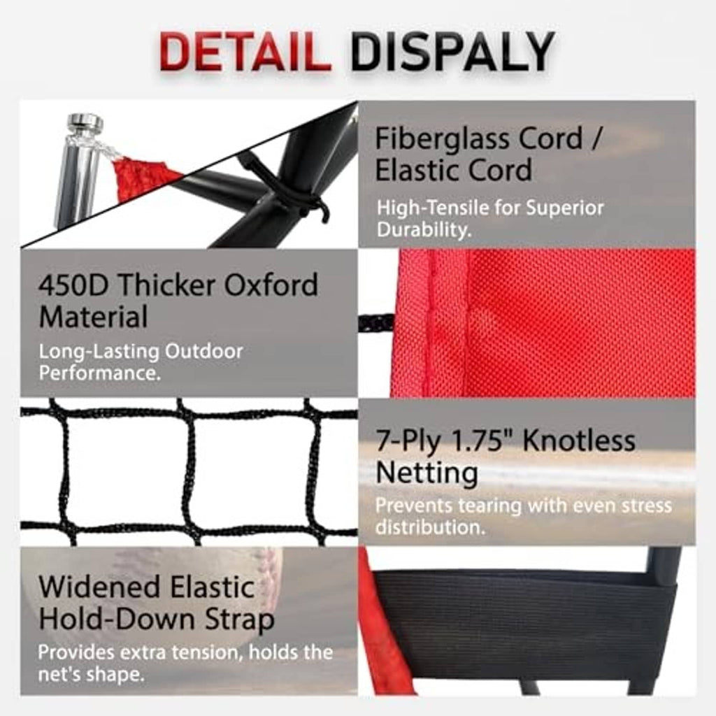 Red batting practice net with 7-ply knotless netting and elastic hold-down straps
