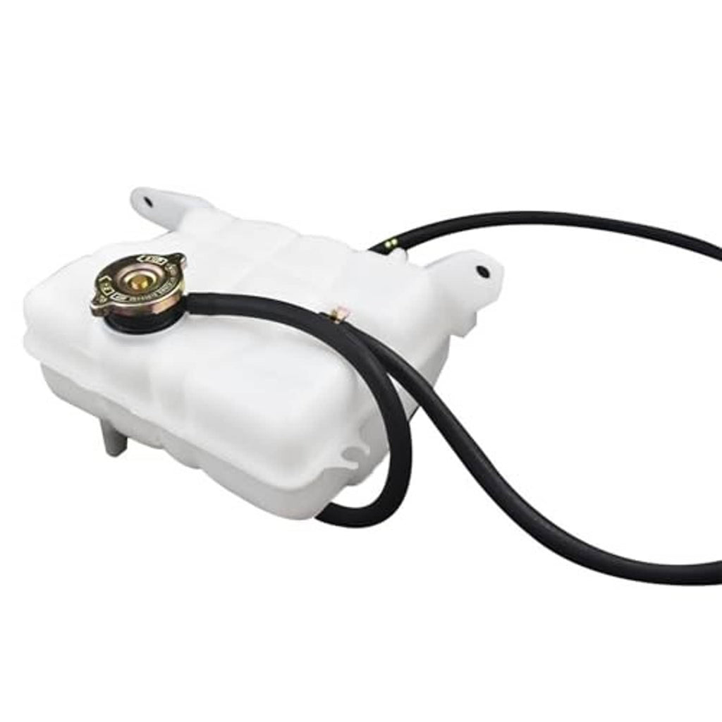 White overflow reservoir tank with metal cap and connected black hoses