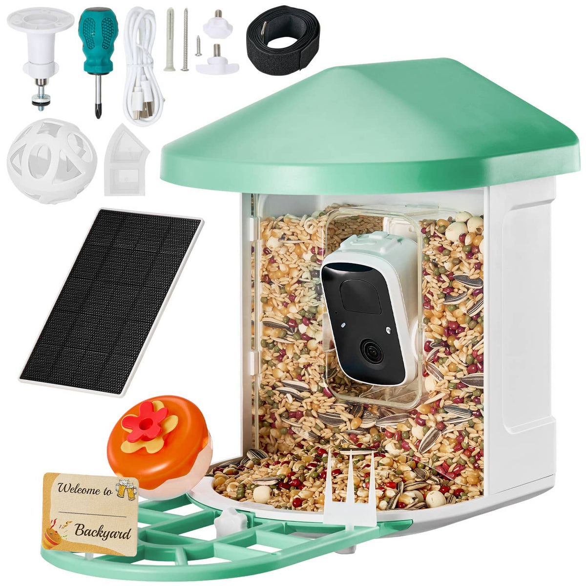 Smart bird feeder with mint roof; includes solar panel, camera feeder, and feeding accessories.