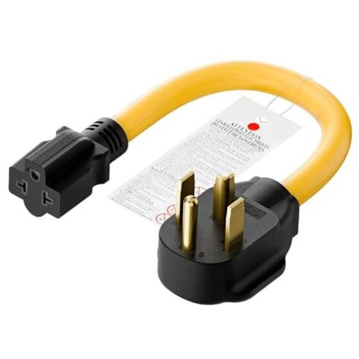 NEMA dryer adapter cord with four-prong plug and yellow cable