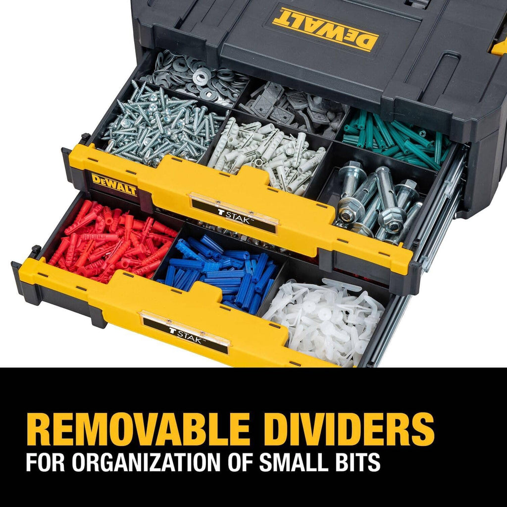 DEWALT TSTAK organizer open with compartments filled with screws and nails, gray and yellow