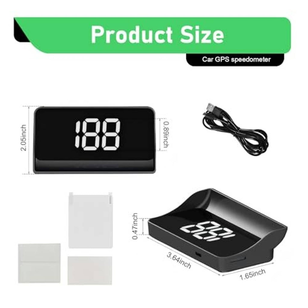 Car GPS speedometer HUD display unit with black screen, dimensions diagram, includes cable