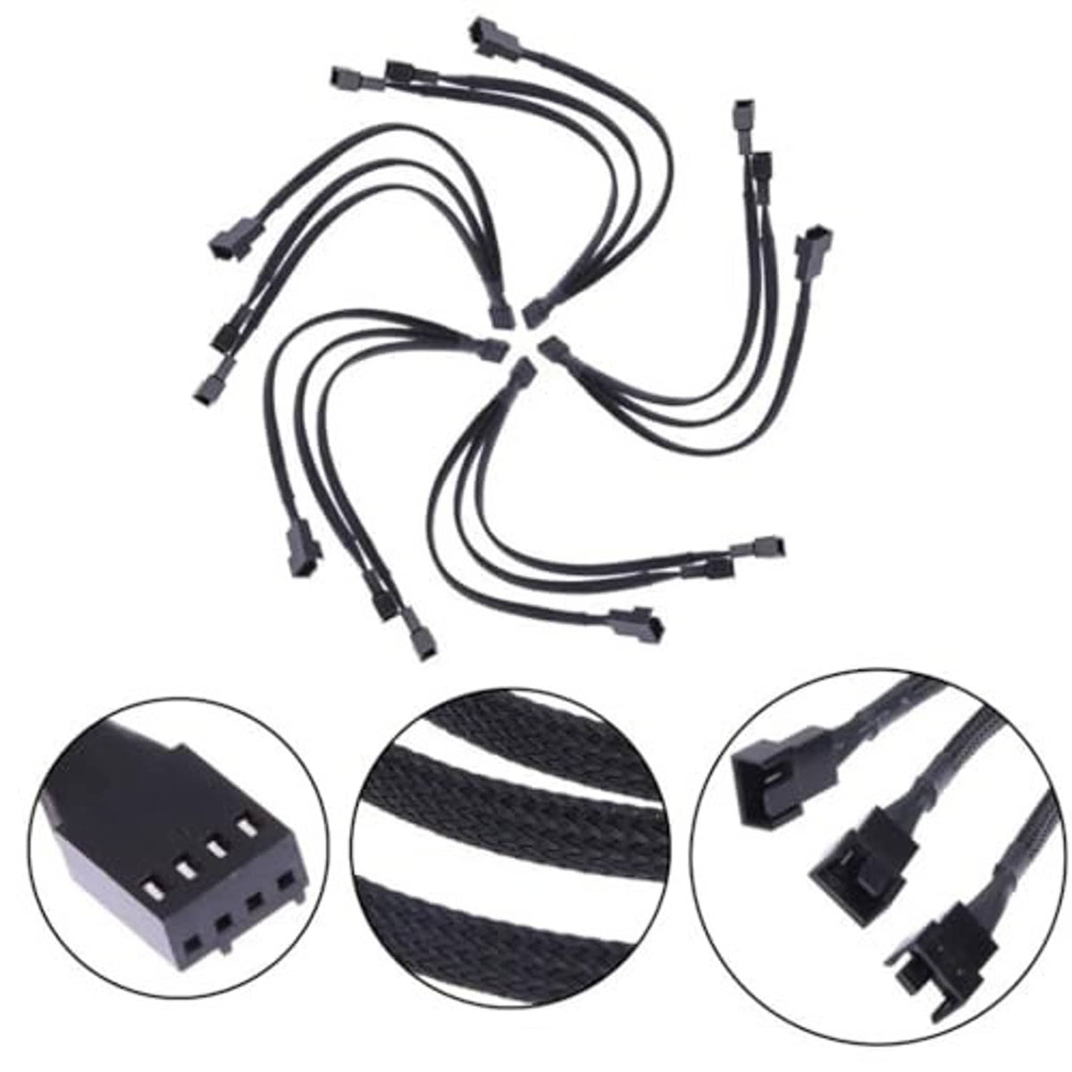 Fan power splitter cable set with sleeved black braided leads and multiple fan connectors