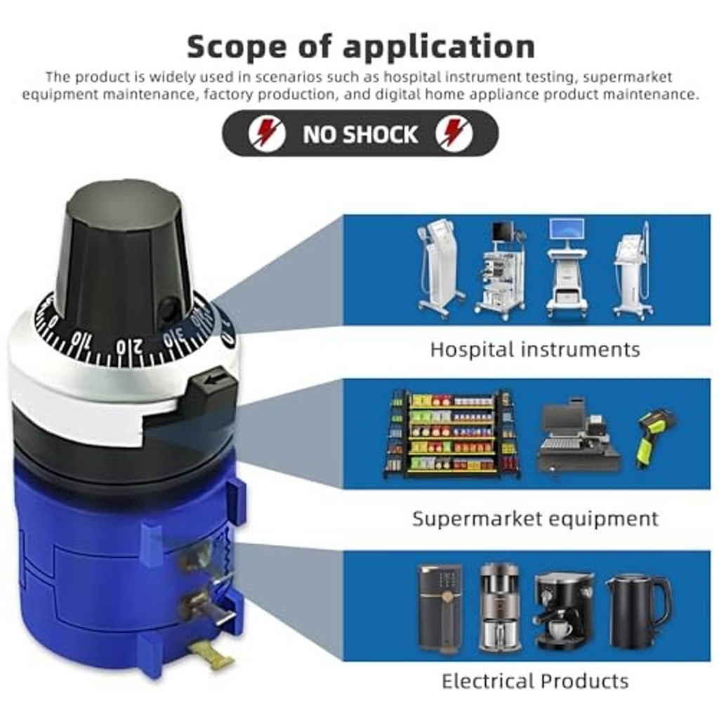 Rotary wirewound potentiometer shown with black knob and blue housing for electronics use
