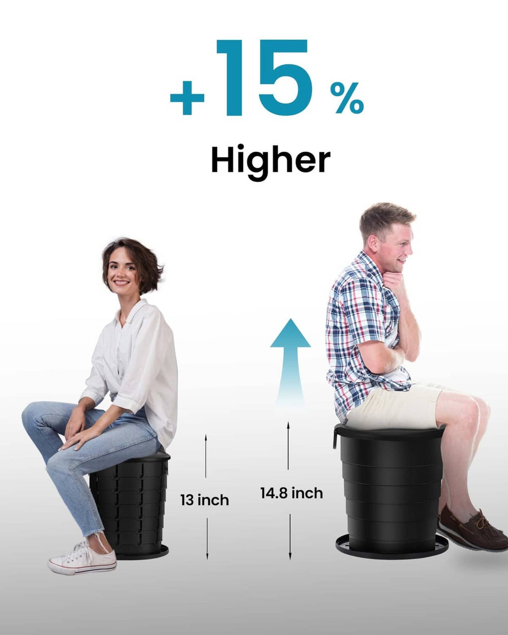 Adjustable-height portable foldable toilet shown in two heights, dark