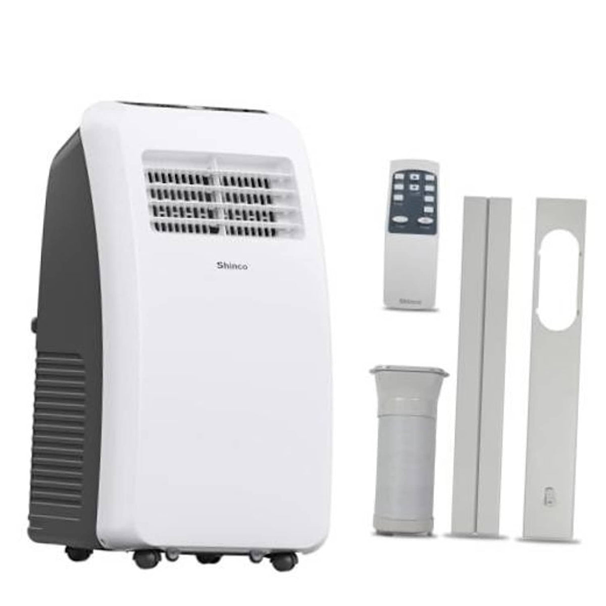 White portable air conditioner with front air vent grille and caster wheels