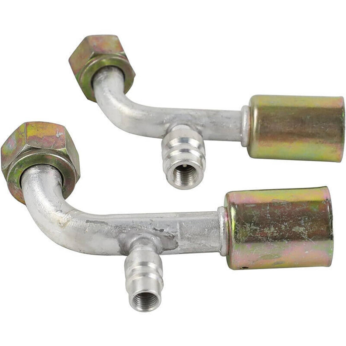 Two A/C service fittings with hex nuts and flared ends, zinc-coated finish