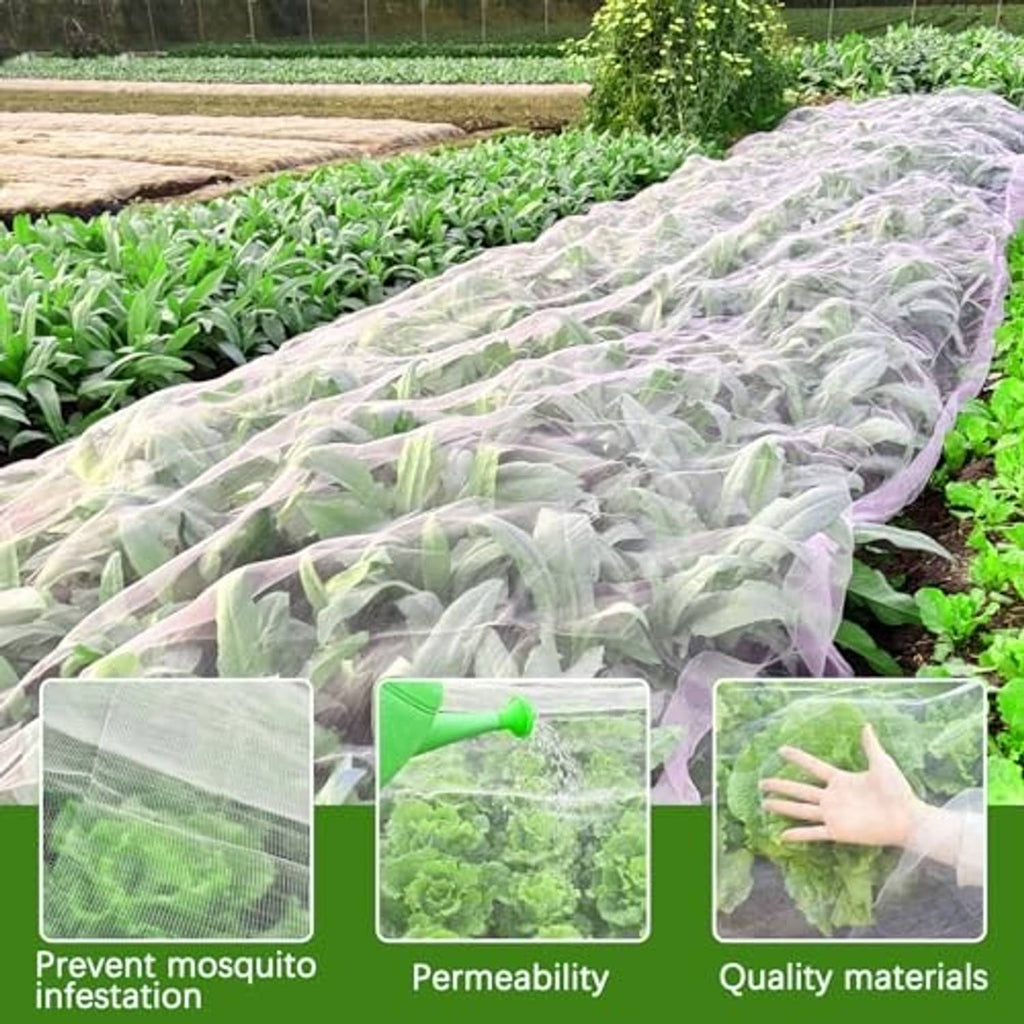 White ultra-fine garden insect netting over raised vegetable bed rows