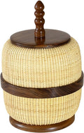Handmade woven rattan circular storage basket with wooden lid and finial, yellow beige