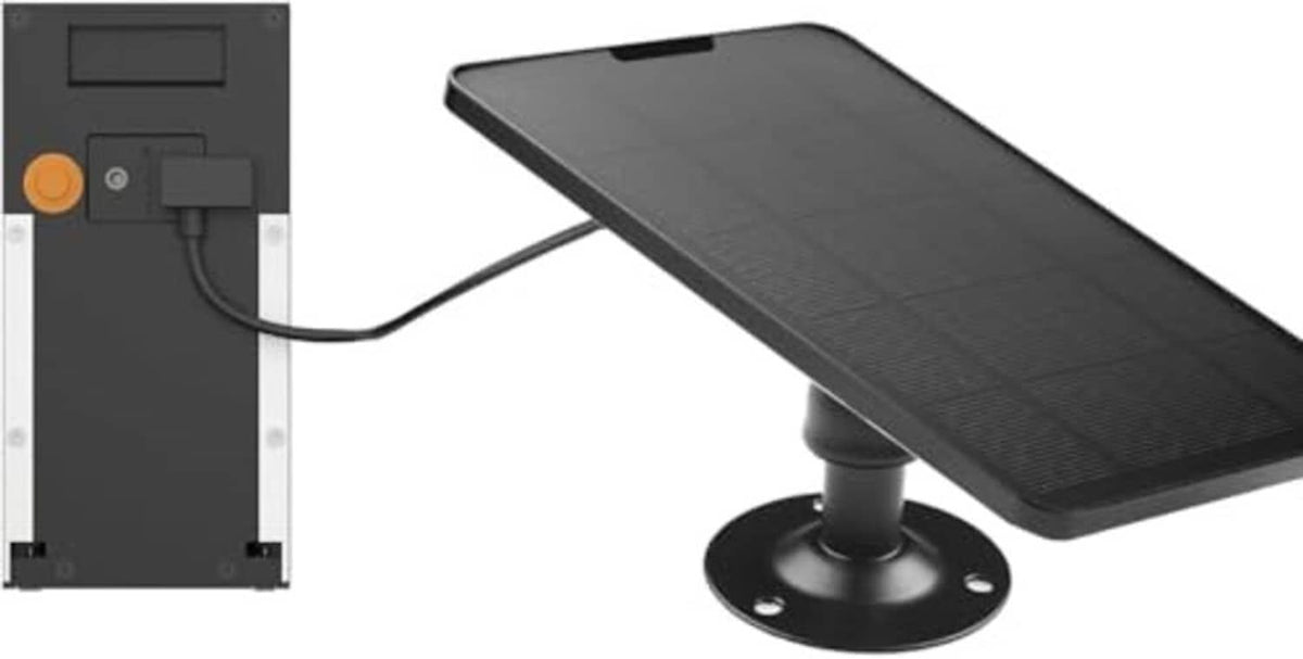 Solar panel charger with mounting base and connected cable for doorbell