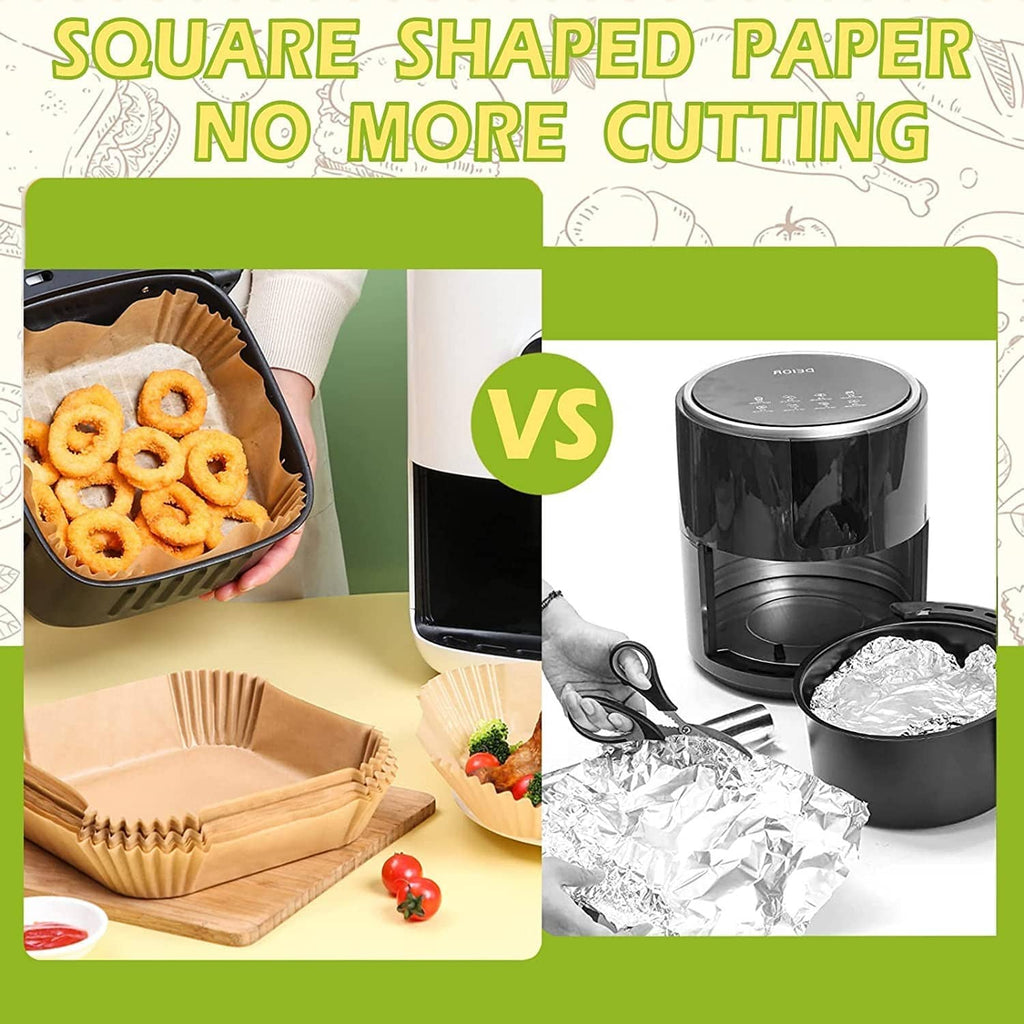 Square-shaped paper air fryer liners made for fitting without cutting