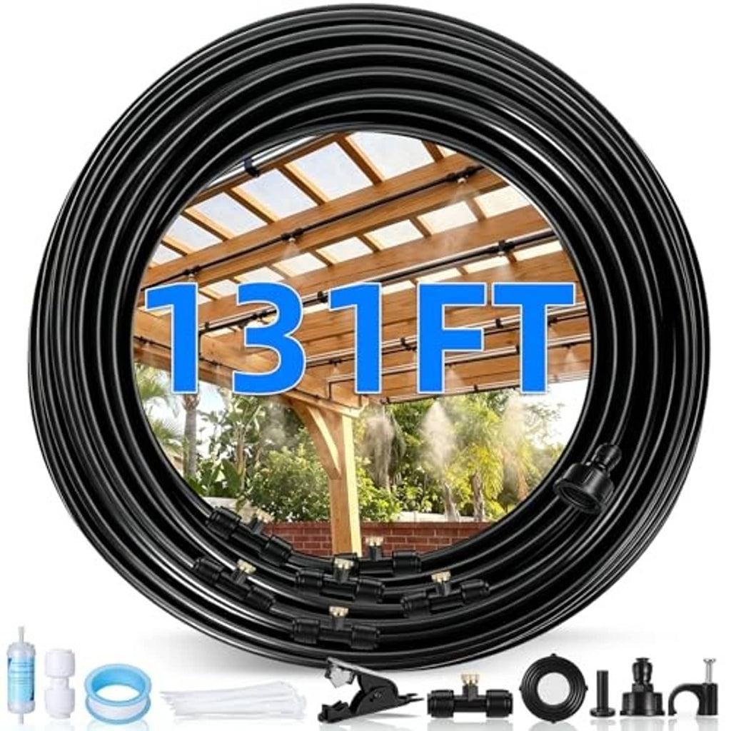 Outdoor patio misting system kit, black coiled hose with included fittings