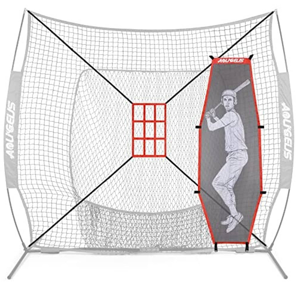 Folding baseball training net with red strike zone window and batter dummy panel