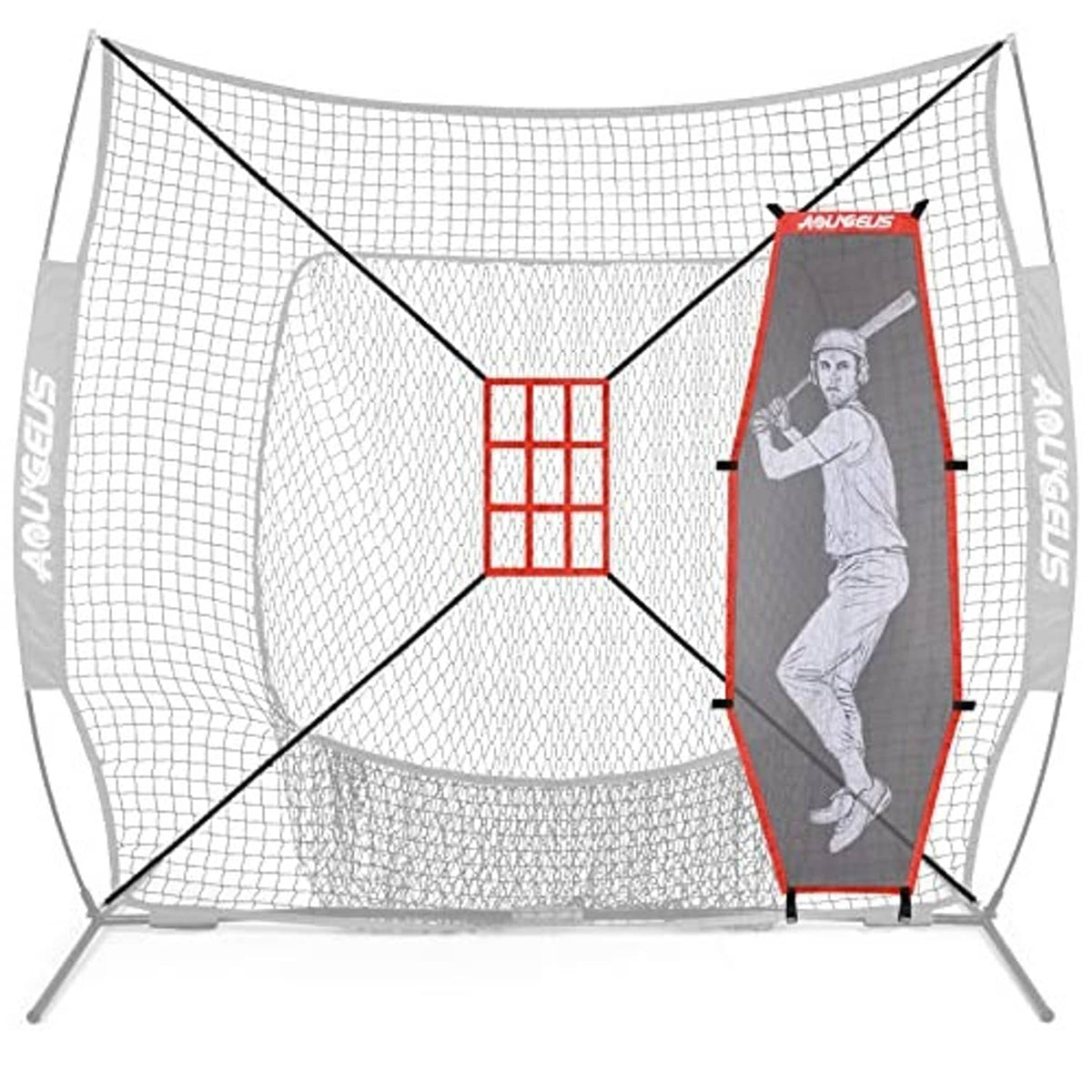 Folding baseball training net with red strike zone window and batter dummy panel