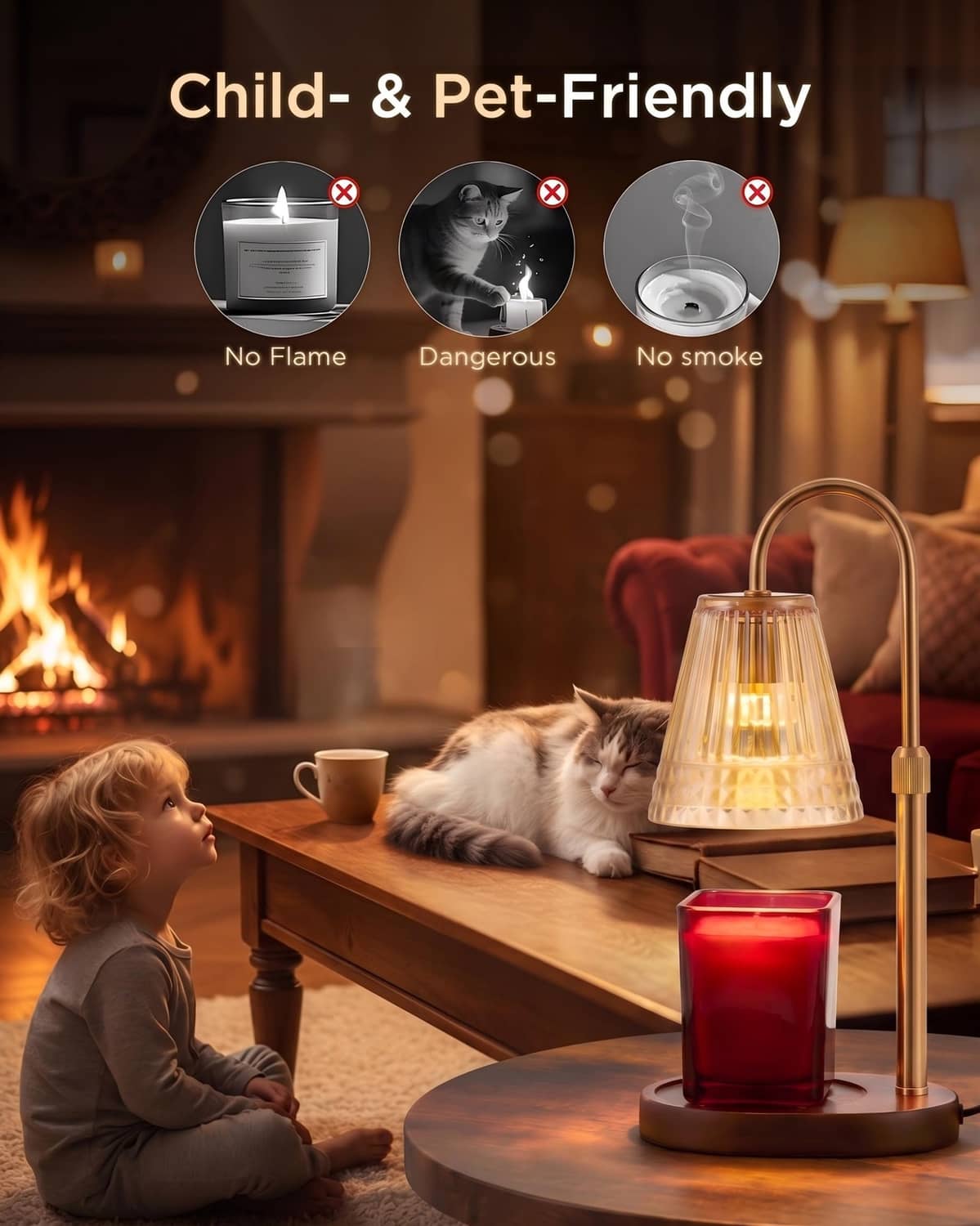 Candle warmer lamp warming a red candle jar on a table near a child and pet