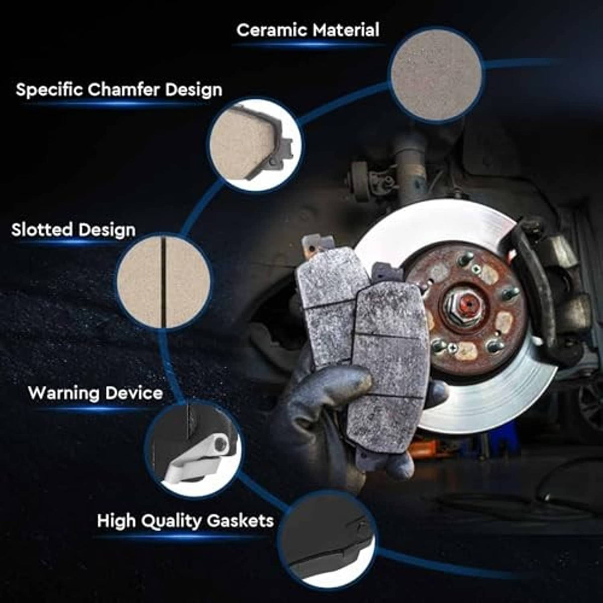 Ceramic brake pads diagram near disc rotor, with chamfered and slotted design