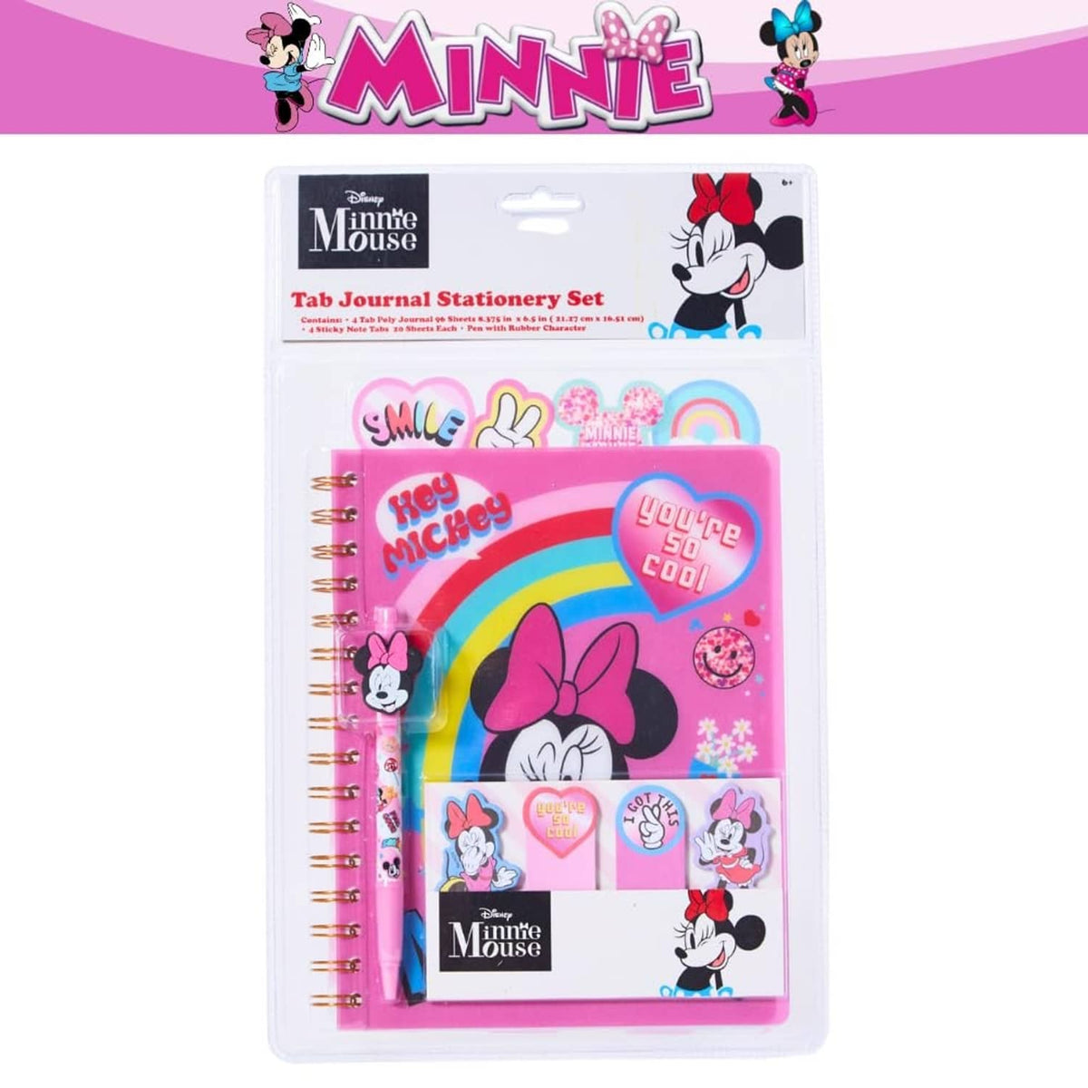 Minnie Mouse tab journal stationery set packaging with notebook, sticky tabs, and pen