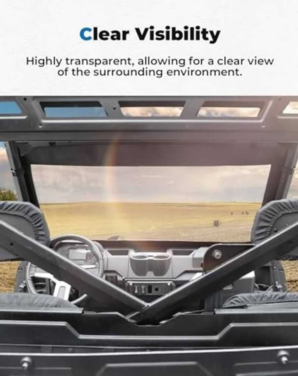 Soft front windshield view from inside the cab through a clear PVC window