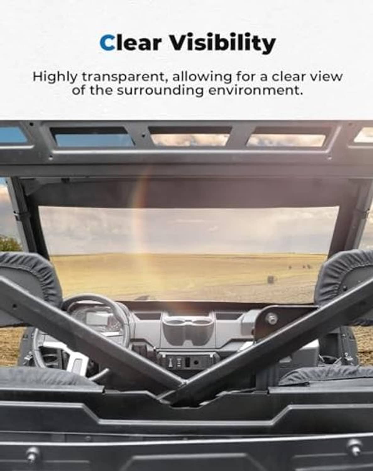 Soft front windshield view from inside the cab through a clear PVC window