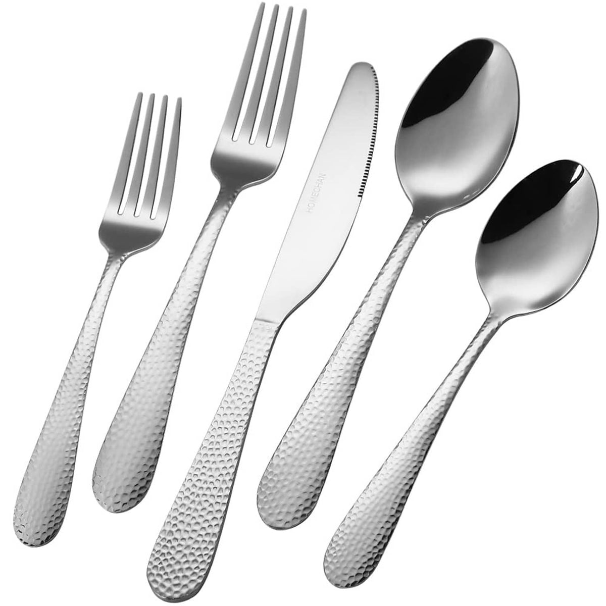 Hammered stainless steel cutlery set with forks, knives, and spoons in silver finish