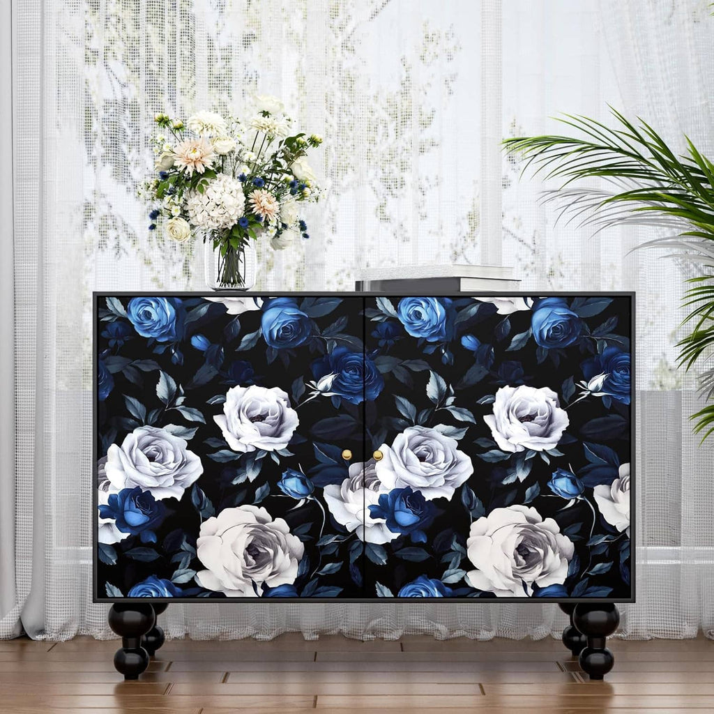 Peel-and-stick floral wallpaper sheet with blue and white roses on dark background